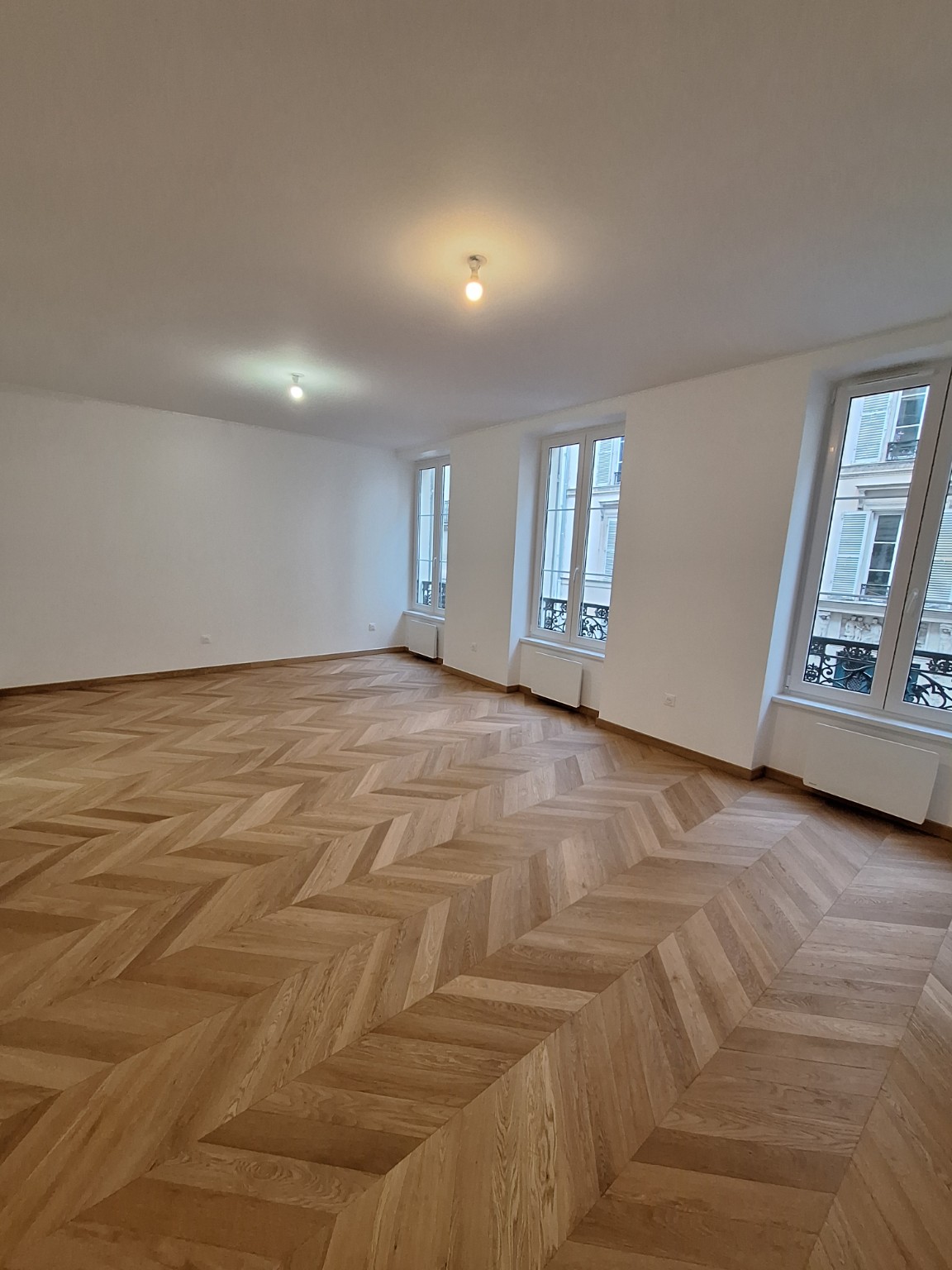 Grand espace lumineux rénové avec parquet en chevrons